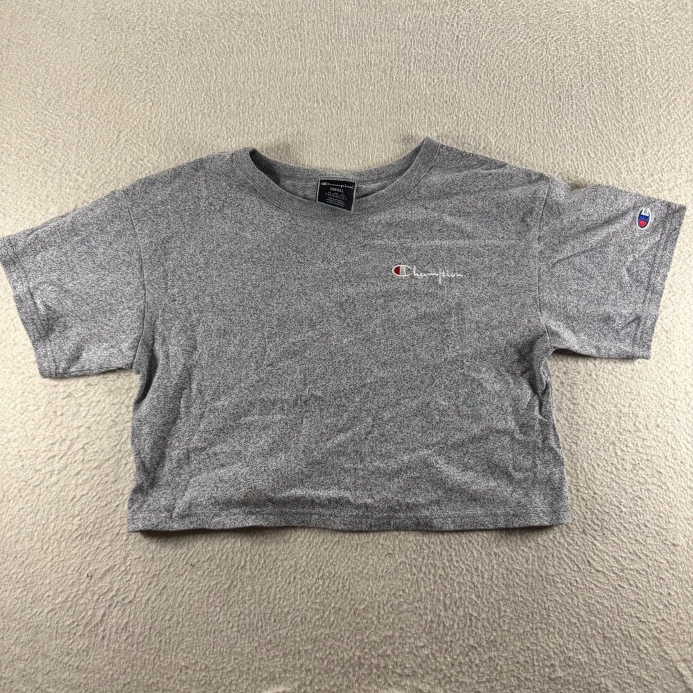 Champion Cropped T-Shirt Women Small Gray Excellent Embroidered Script WL956 XFS